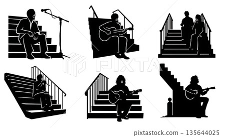 Black Solid Singer Sitting Stairs Silhouettes Set of Six on White Background 135644025