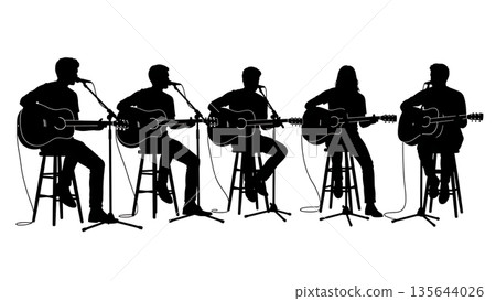 Black Solid Singer Songwriter Stool Silhouettes Set of Six on White Background 135644026