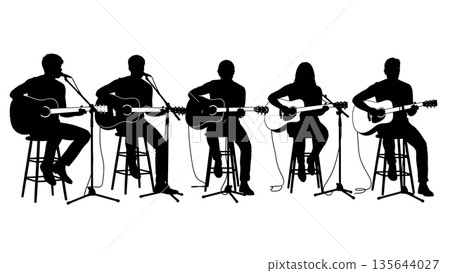 Black Solid Singer Songwriter Stool Silhouettes Set of Six on White Background 135644027