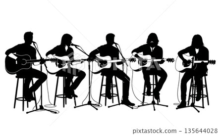 Black Solid Singer Songwriter Stool Silhouettes Set of Six on White Background Black Solid Singer Songwriter Stool Silhouettes Set of Six on White Background 135644028