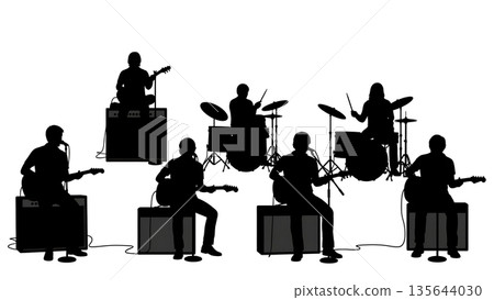 Black Solid Singer Sitting Amplifier Silhouettes Set of Six on White Background Black Solid Singer Sitting Amplifier Silhouettes Set of Six on White Background 135644030