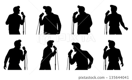 Black Solid Singer Pompadour Hair Silhouettes Set of Six on White Background 135644041