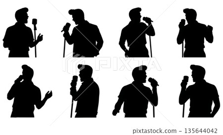 Black Solid Singer Pompadour Hair Silhouettes Set of Six on White Background 135644042