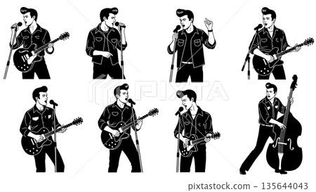 Black Solid Singer Pompadour Hair Silhouettes Set of Six on White Background Black Solid Singer Pompadour Hair Silhouettes Set of Six on White Background 135644043