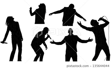 Black Solid Singer Posture Rain Silhouettes Set of Six on White Background Black Solid Singer Posture Rain Silhouettes Set of Six on White Background 135644044