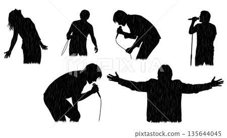 Black Solid Singer Posture Rain Silhouettes Set of Six on White Background Black Solid Singer Posture Rain Silhouettes Set of Six on White Background 135644045