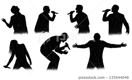Black Solid Singer Posture Rain Silhouettes Set of Six on White Background 135644046