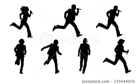 Black Solid Singer Running Stage Silhouettes Set of Six on White Background 135644050