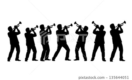 Black Solid Singer Playing Trumpet Silhouettes Set of Six on White Background Black Solid Singer Playing Trumpet Silhouettes Set of Six on White Background 135644051