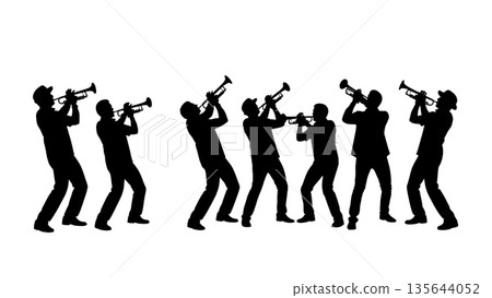 Black Solid Singer Playing Trumpet Silhouettes Set of Six on White Background 135644052