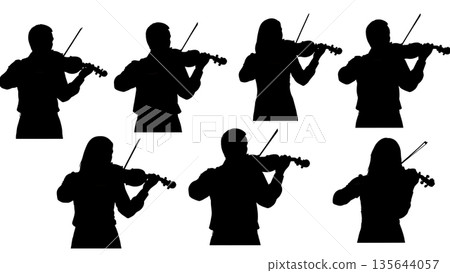 Black Solid Singer Playing Violin Silhouettes Set of Six on White Background Black Solid Singer Playing Violin Silhouettes Set of Six on White Background 135644057