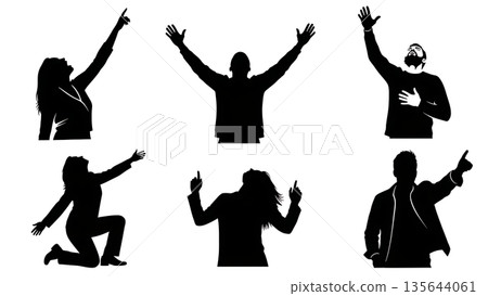 Black Solid Singer Pointing Sky Silhouettes Set of Six on White Background Black Solid Singer Pointing Sky Silhouettes Set of Six on White Background 135644061