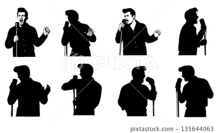 Black Solid Singer Pompadour Hair Silhouettes Set of Six on White Background 135644063