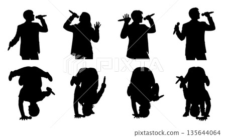 Black Solid Singer Mic Upside Down Silhouettes Set of Six on White Background 135644064