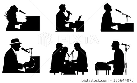 Black Solid Singer Playing Piano Silhouettes Set of Six on White Background 135644073