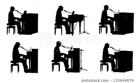 Black Solid Singer Playing Piano Silhouettes Set of Six on White Background 135644074