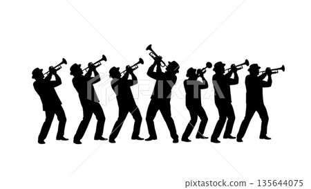 Black Solid Singer Playing Trumpet Silhouettes Set of Six on White Background 135644075