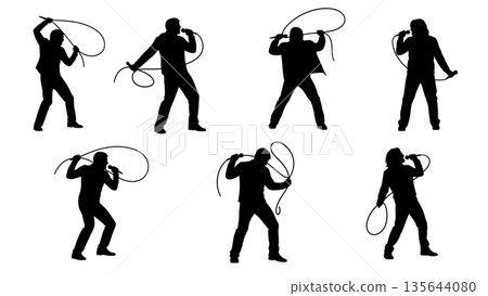 Black Solid Singer Mic Cord Action Silhouettes Set of Six on White Background Black Solid Singer Mic Cord Action Silhouettes Set of Six on White Background 135644080