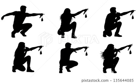 Black Solid Singer Mic Drop Silhouettes Set of Six on White Background 135644085