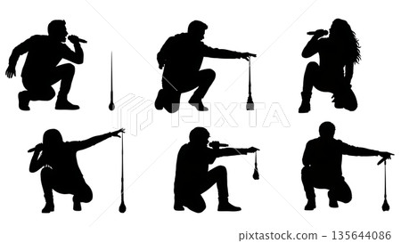Black Solid Singer Mic Drop Silhouettes Set of Six on White Background 135644086