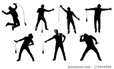Black Solid Singer Mic Drop Silhouettes Set of Six on White Background 135644088
