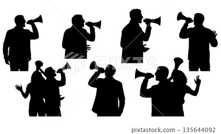 Black Solid Singer Loud Hailer Protest Silhouettes Set of Six on White Background 135644092