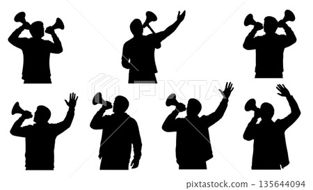 Black Solid Singer Loud Hailer Protest Silhouettes Set of Six on White Background Black Solid Singer Loud Hailer Protest Silhouettes Set of Six on White Background 135644094