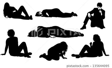 Black Solid Singer Lying Floor Drama Silhouettes Set of Six on White Background Black Solid Singer Lying Floor Drama Silhouettes Set of Six on White Background 135644095