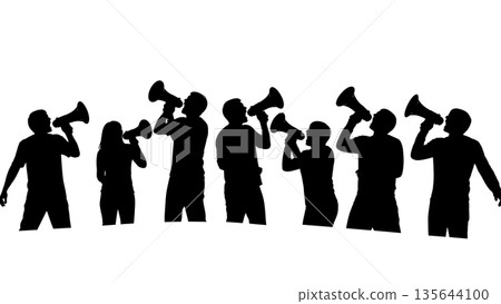 Black Solid Singer Megaphone Shout Silhouettes Set of Six on White Background Black Solid Singer Megaphone Shout Silhouettes Set of Six on White Background 135644100