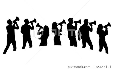 Black Solid Singer Megaphone Shout Silhouettes Set of Six on White Background Black Solid Singer Megaphone Shout Silhouettes Set of Six on White Background 135644101