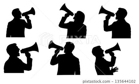 Black Solid Singer Megaphone Shout Silhouettes Set of Six on White Background Black Solid Singer Megaphone Shout Silhouettes Set of Six on White Background 135644102