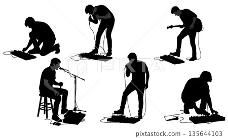 Black Solid Singer Loop Pedal Station Silhouettes Set of Six on White Background Black Solid Singer Loop Pedal Station Silhouettes Set of Six on White Background 135644103