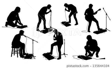 Black Solid Singer Loop Pedal Station Silhouettes Set of Six on White Background 135644104