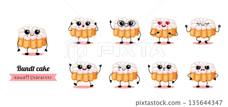 Cute Kawaii Bundt Cake Characters Set Illustration 135644347