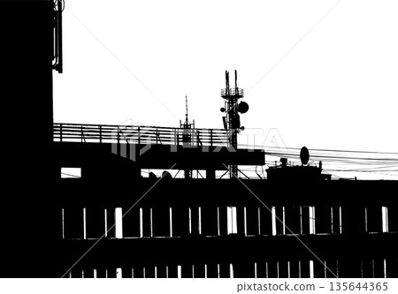 Bold black and white stencil style urban apartment block silhouette with graphic windows on the transparent background 135644365