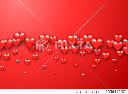 Valentine's Day greeting card with red hearts flying scattered over background. Symbol of love and spring, sprayed Valentine's Day greeting card with red hearts flying scattered over background. Symbol of love and spring, sprayed 135644367