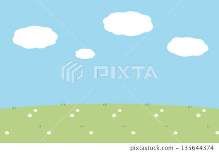 Cute picture book style background image of blue sky, clouds and flowers. Fairytale background material vector illustration of clear sky and grassland. 135644374