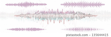 Various sound waves are displayed with different shapes and colors on a plain white background. This design illustrates sound patterns and can be used for teaching or creative projects. 135644415