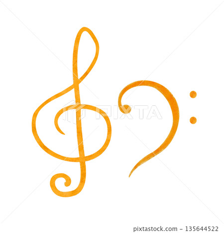 Bass clef, treble clef musical symbols hand-painted watercolor isolated on white background. Low, high register music notation ideal for music education, theory materials, sheet design, posters, logos Bass clef, treble clef musical symbols hand-painted watercolor isolated on white background. Low, high register music notation ideal for music education, theory materials, sheet design, posters, logos 135644522