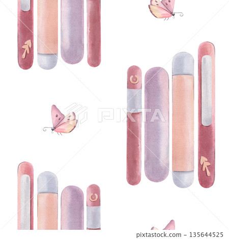 Seamless pattern with books spines, butterflies. Hand-painted watercolor illustration isolated on white for textile, packaging, stationery, wallpaper, publishing house branding, design, romantic decor 135644525