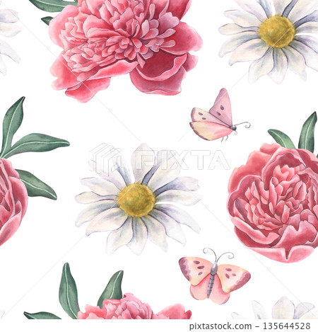 Seamless pattern, peony, chrysanthemum. leaves, butterflies. Hand-painted watercolor illustration isolated on white for textile, packaging, stationery, wallpaper, branding, wedding design, decor Seamless pattern, peony, chrysanthemum. leaves, butterflies. Hand-painted watercolor illustration isolated on white for textile, packaging, stationery, wallpaper, branding, wedding design, decor 135644528