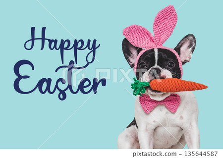 Happy Easter. Cute puppy and congratulatory inscription Happy Easter. Cute puppy and congratulatory inscription 135644587