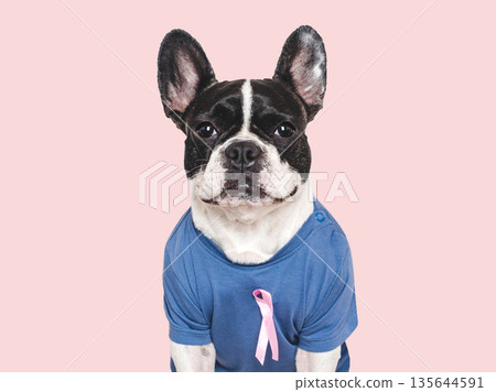 Cute puppy and Pink Awareness Ribbon. Express moral support 135644591