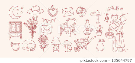 Cottagecore hand drawn cozy countryside life with rustic home objects, floral details, gentle rural living mood and vintage pastoral line art illustration 135644797