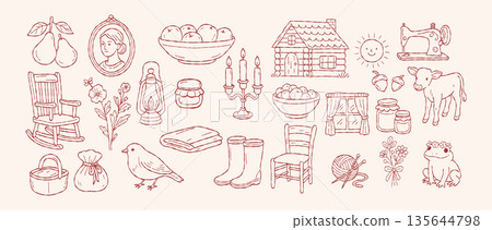 Cottagecore hand drawn rustic home collection with cozy countryside objects, pastoral rural lifestyle elements, vintage cottage living line art illustration 135644798