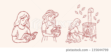 Aesthetic cottagecore girl lifestyle hand drawn vector line art set with mushroom gathering and cozy fireplace for slow life stationery design 135644799
