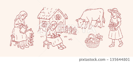 Aesthetic cottagecore farm lifestyle hand drawn vector line art set with gardening cottage and cow for slow life stationery and rustic home decor Aesthetic cottagecore farm lifestyle hand drawn vector line art set with gardening cottage and cow for slow life stationery and rustic home decor 135644801