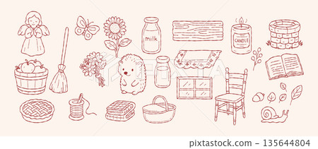 Cottagecore hand drawn rustic home elements with cozy countryside lifestyle objects, pastoral vintage details, warm rural living line art illustration 135644804