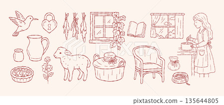 Cottagecore hand drawn home life elements with rustic interior details, cozy rural living objects, pastoral vintage line art illustration 135644805