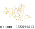 Narcissus lily flowers line art isolated on white background. Luxury daffodil floral golden design elements for invitation, wedding, wallpaper, print template, vector illustration 135644813
